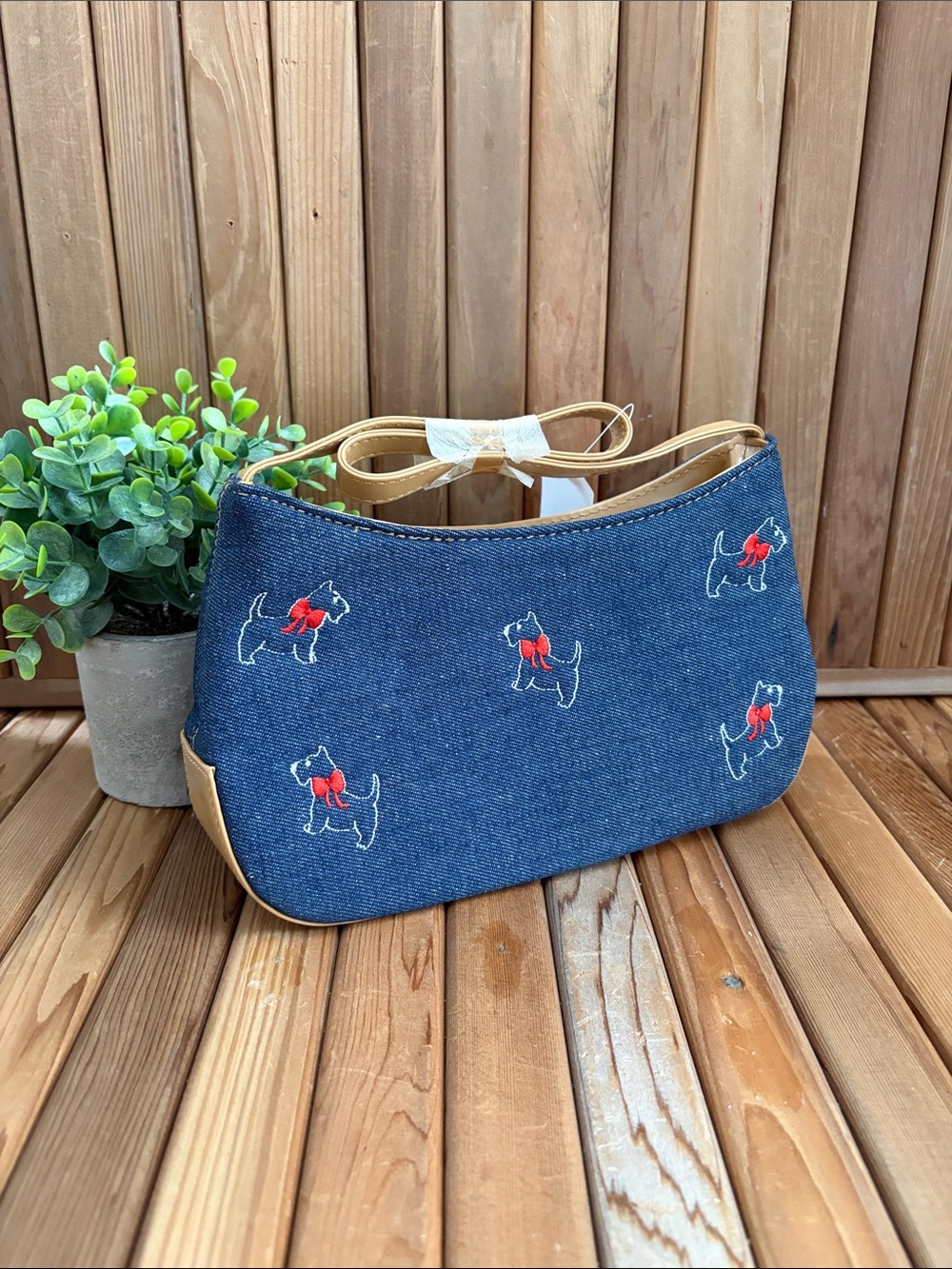 Denim Shoulder Bag with Embroidered Puppy Motif and Tan Leather Trim